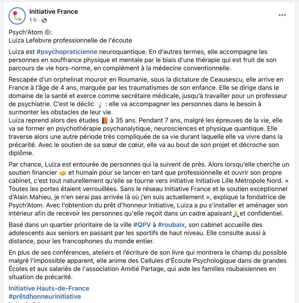 Luiza Lefebvre - Psych'atom - psychopraticienne neuroquantique - roubaix- Centre MédicalysMD Roubaix Piscine InitiativeFrance